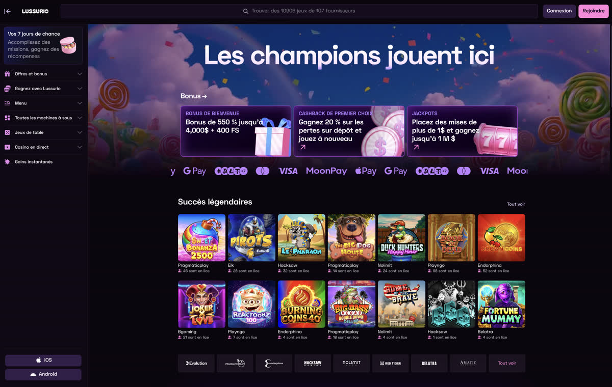 Page d’accueil de Lussurio Casino avec le bonus de bienvenue et les jeux populaires