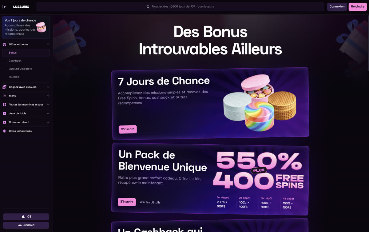 Page des bonus Lussurio Casino avec le pack de bienvenue 550 pourcent et 400 tours gratuits