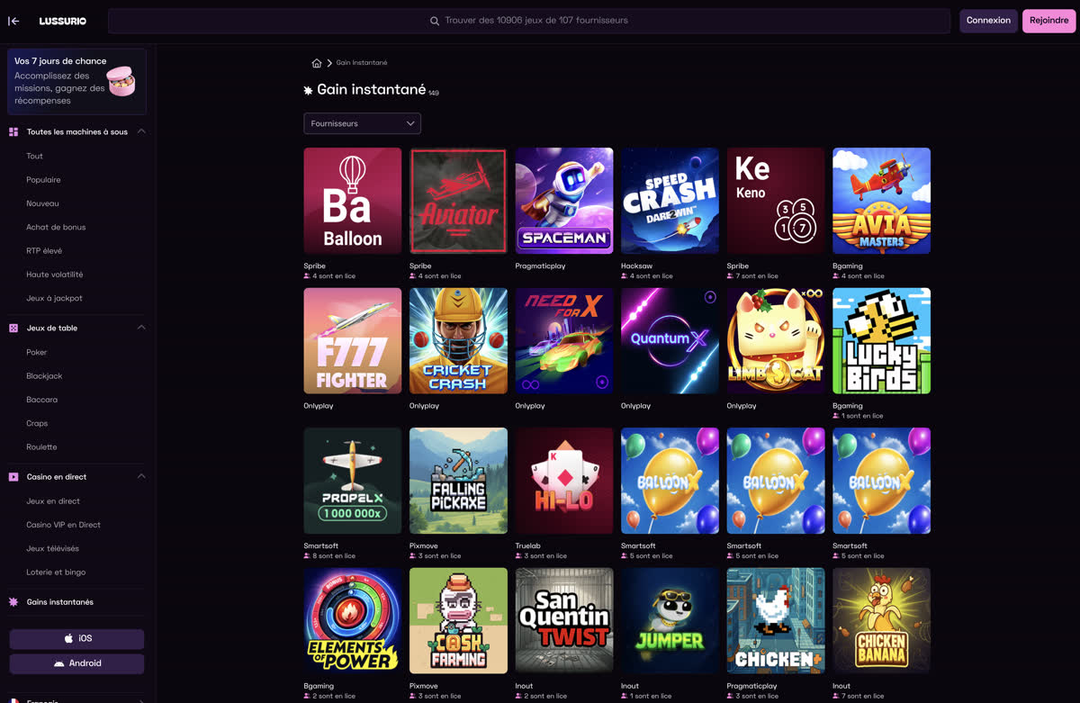 Jeux de gains instantanés Lussurio Casino : Aviator, Spaceman, Balloon