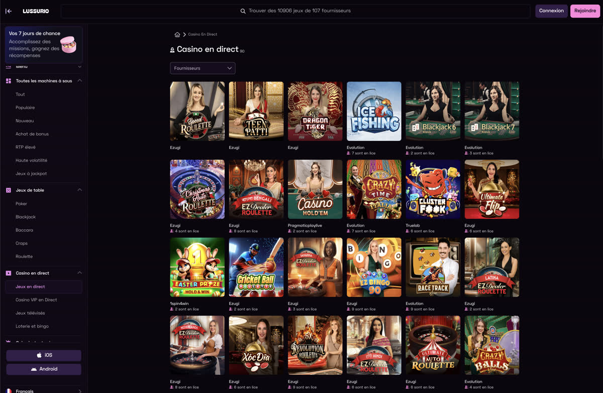 Casino en direct Lussurio avec roulette, blackjack et jeux télévisés
