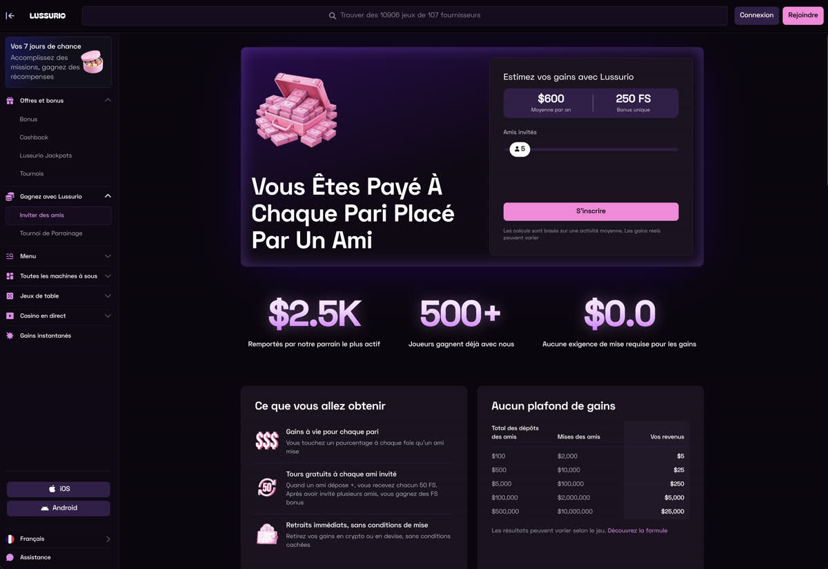 Programme de parrainage Gagnez avec Lussurio, gains à vie sur les mises des amis invités