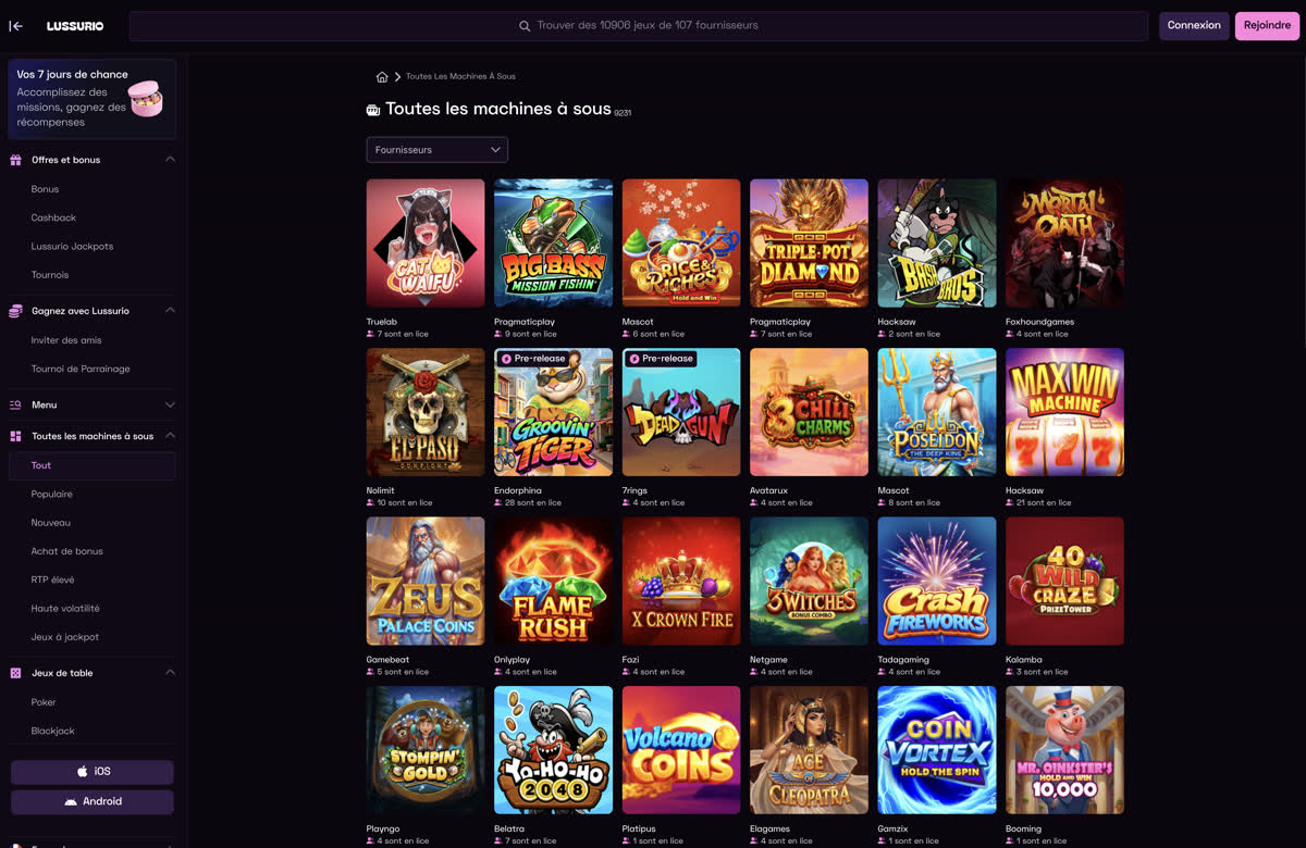 Catalogue de machines à sous Lussurio Casino